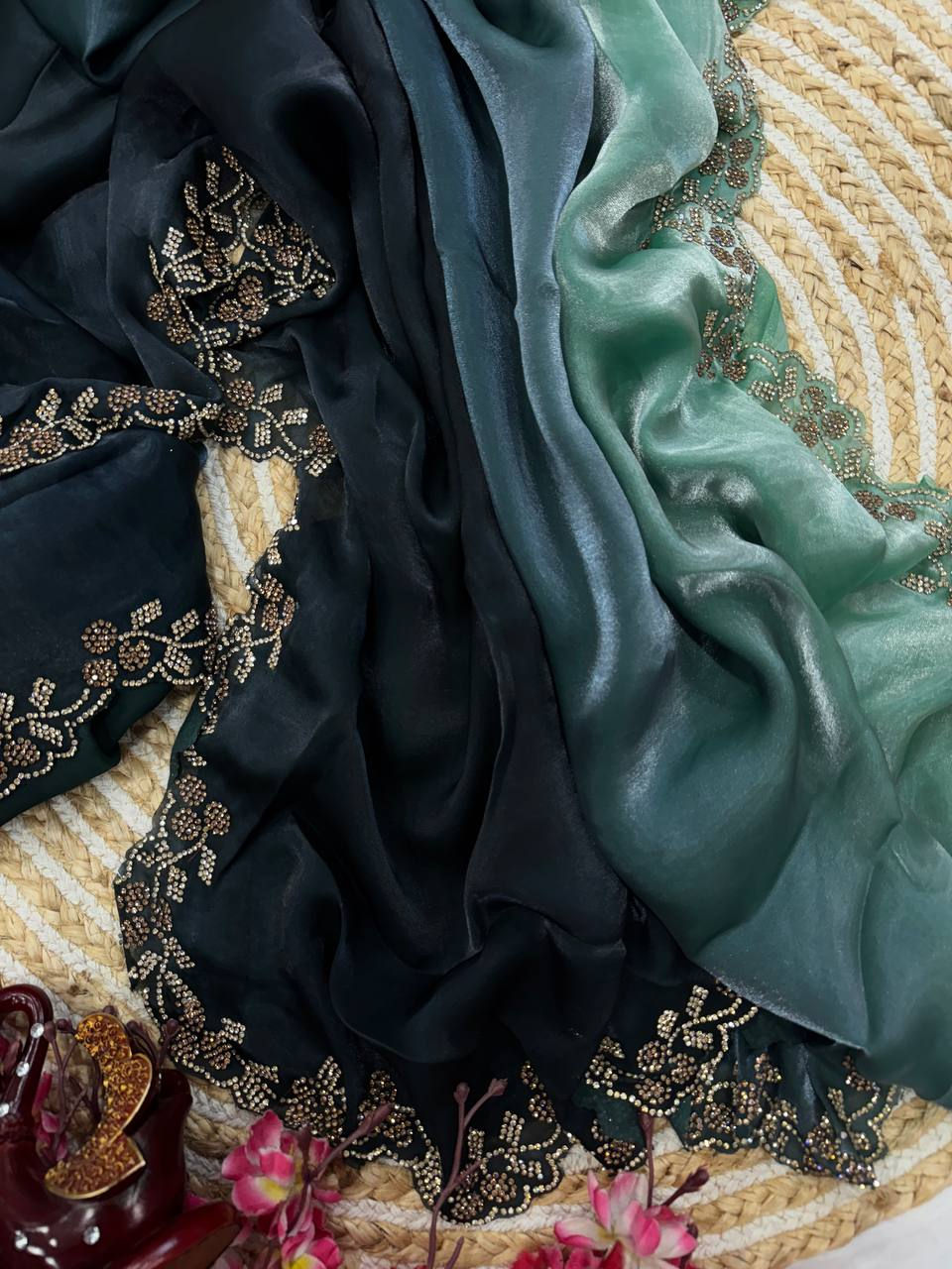 Thumbnail: Designer Shaded Space Silk Saree for Women with Jarkhan Work and Blouse Piece fo
