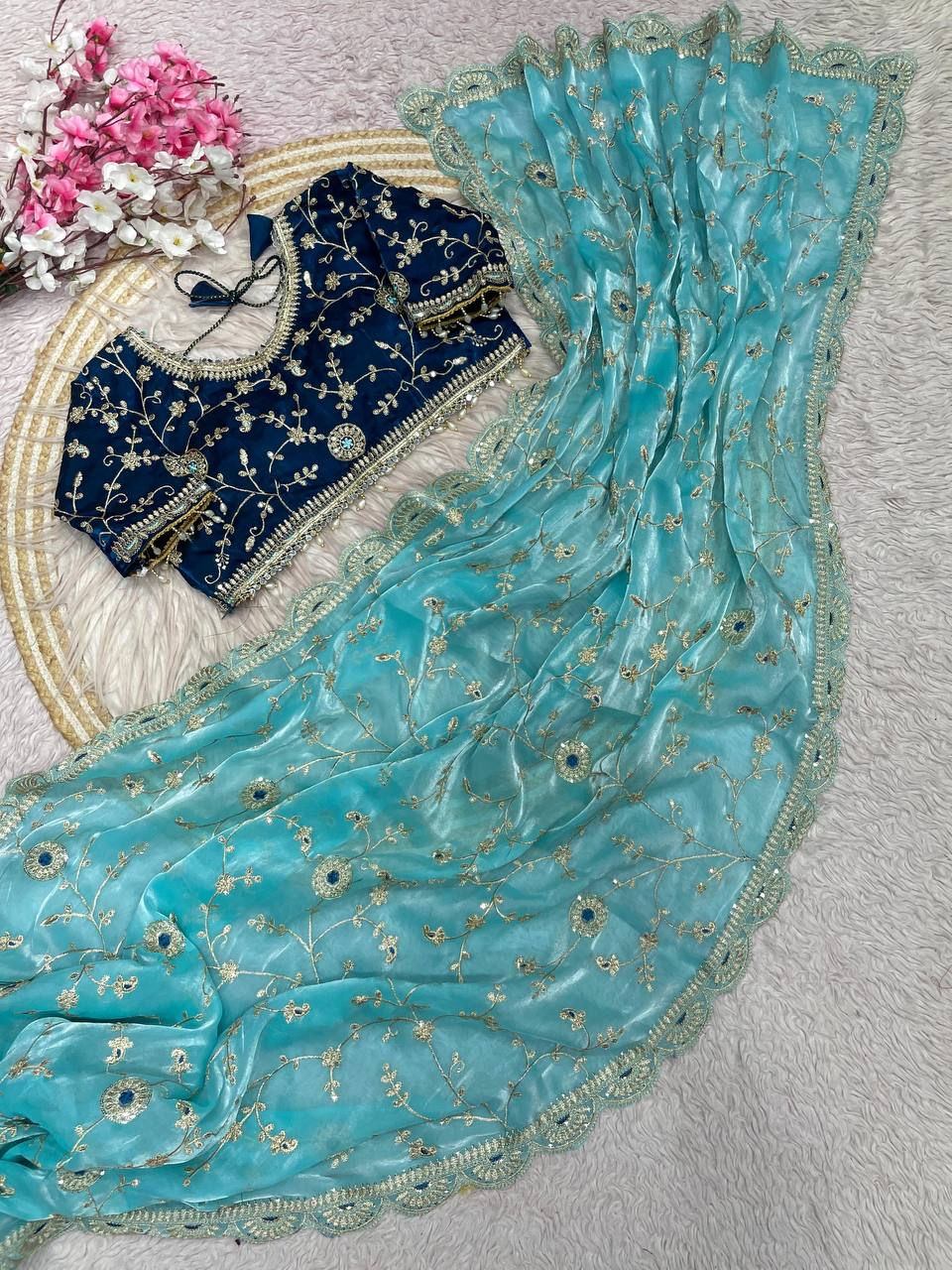 Thumbnail: Fendy Satin Saree with Multi Sequence Embroidery Designer Saree Set