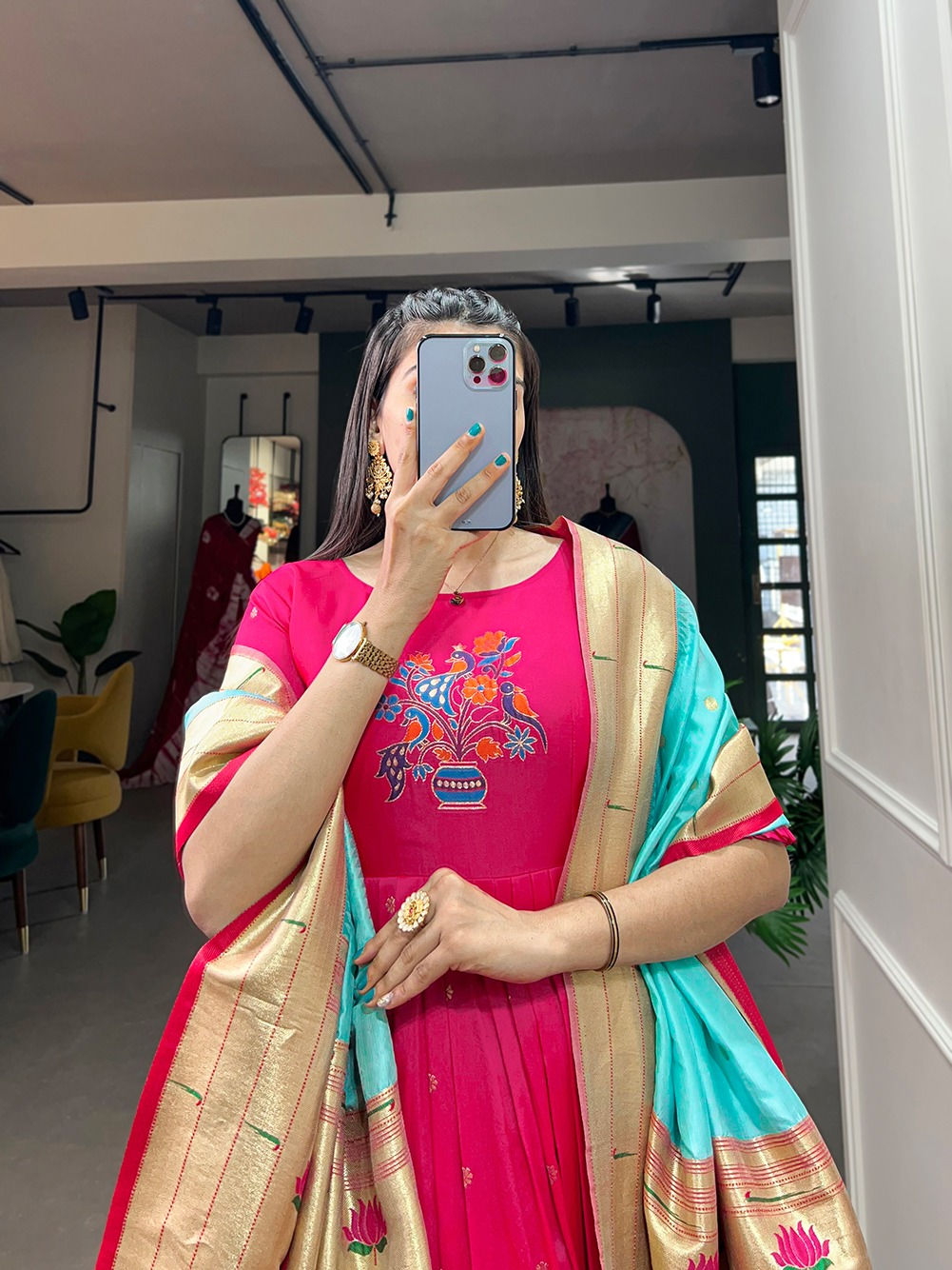 Jacquard Silk Anarkali Gown with Zari Weaving Dupatta | Festive, Wedding & Party