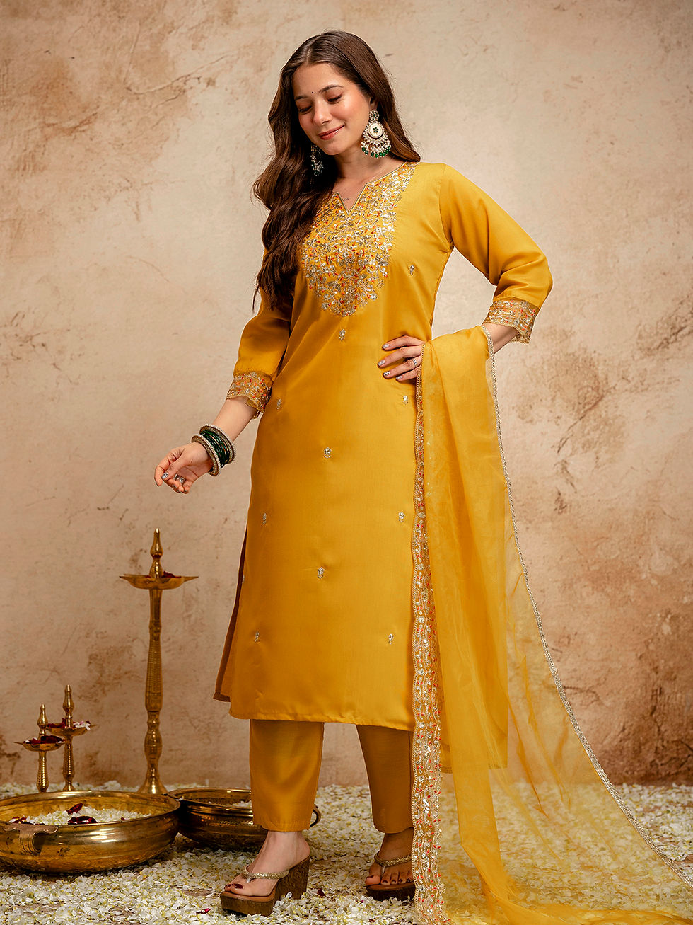 Thumbnail: Women Chanderi Salwar Suit Set Embroidered Ethnic Wear Outfit