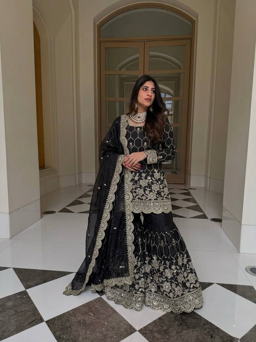 Thumbnail: GMY Silk Sharara Set Mirror Hand Work Women Festive Ethnic Outfit with Dupatta