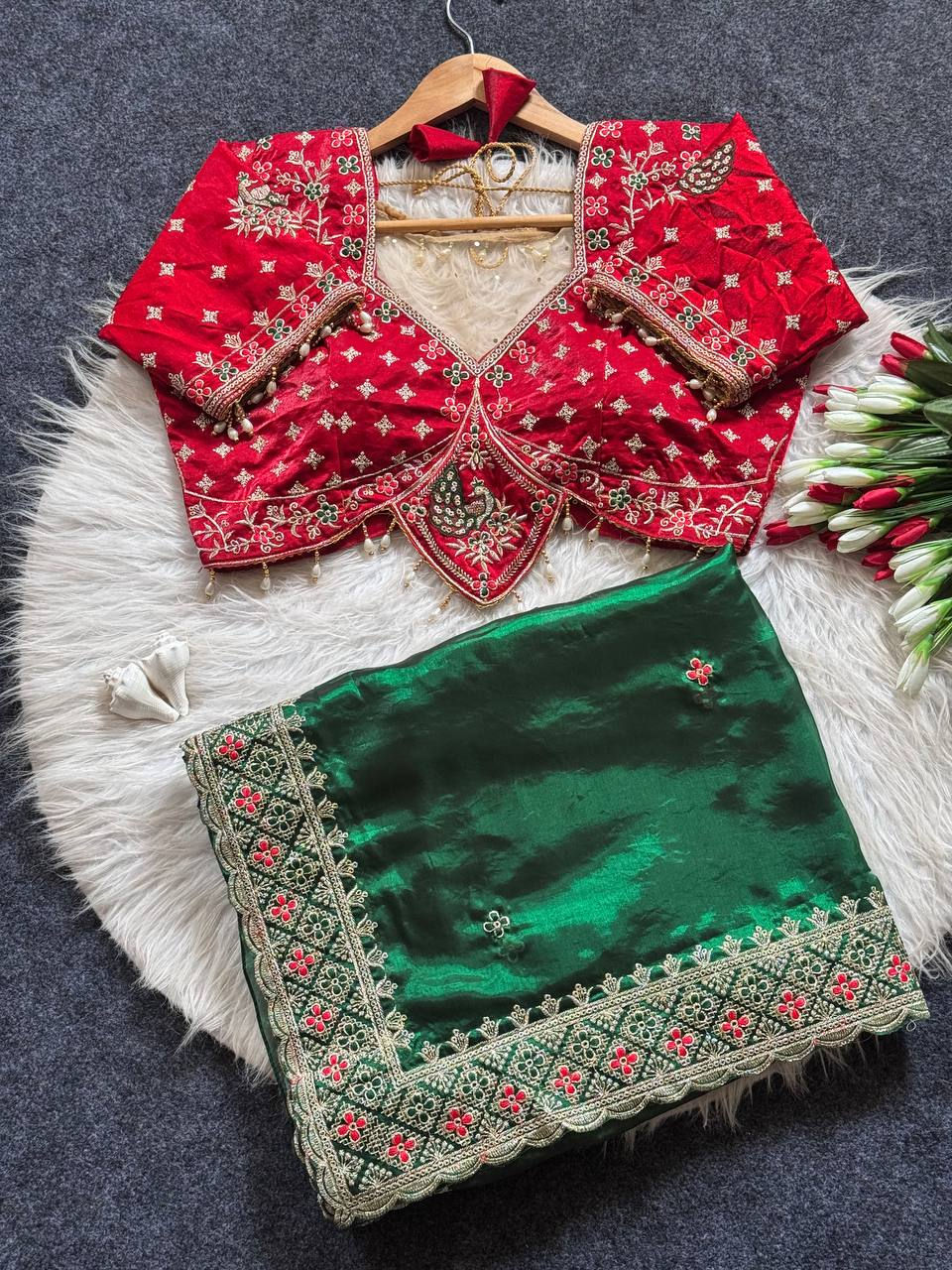Thumbnail: Women Soft Fandy Satin Saree with Peacock Designer Ready Made Blouse