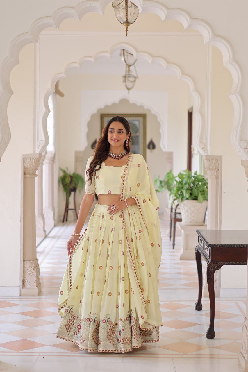Thumbnail: Women Vichitra Silk Embroidered Lehenga Choli Set with Dupatta