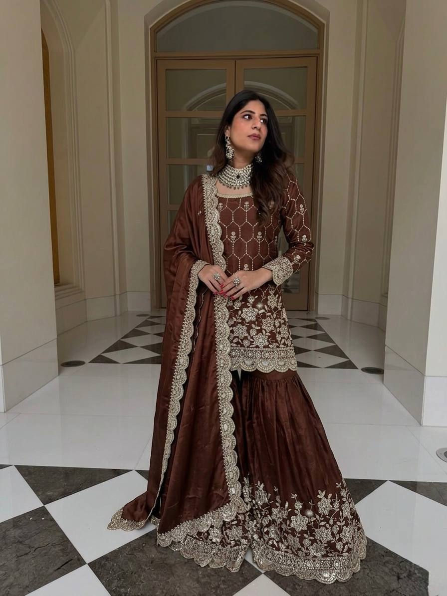 Thumbnail: GMY Silk Sharara Set Mirror Hand Work Women Festive Ethnic Outfit with Dupatta