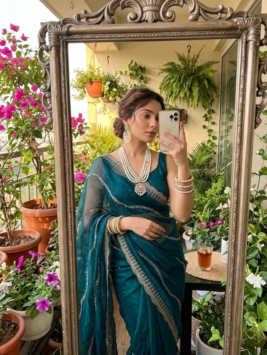Thumbnail: Women Fendy Chiffon Padding Saree with Sequins Embroidery and Cutdana Border