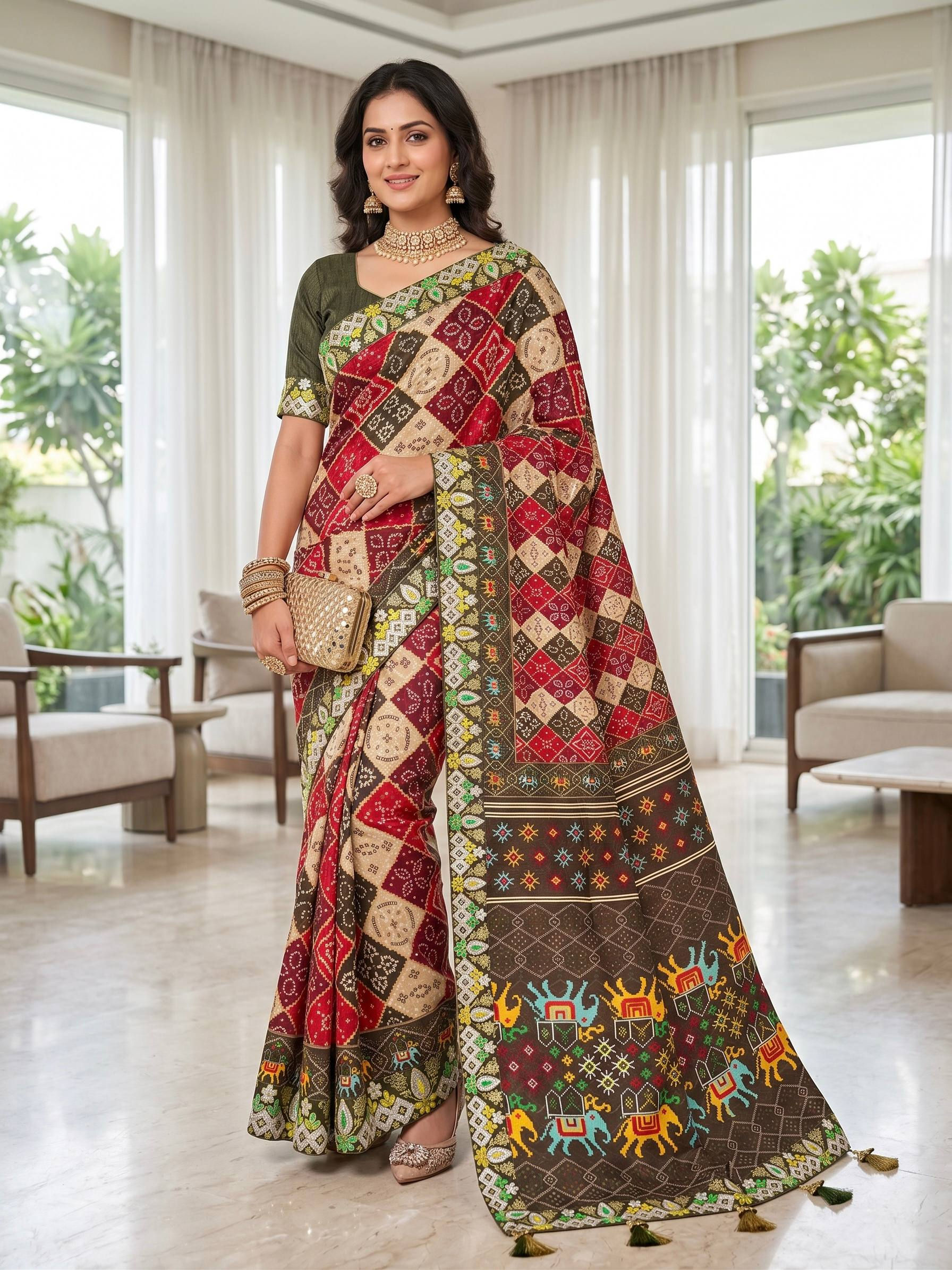 Women Vichitra Silk Patola Print Saree with Embroidered Lace Border Ethnic Saree