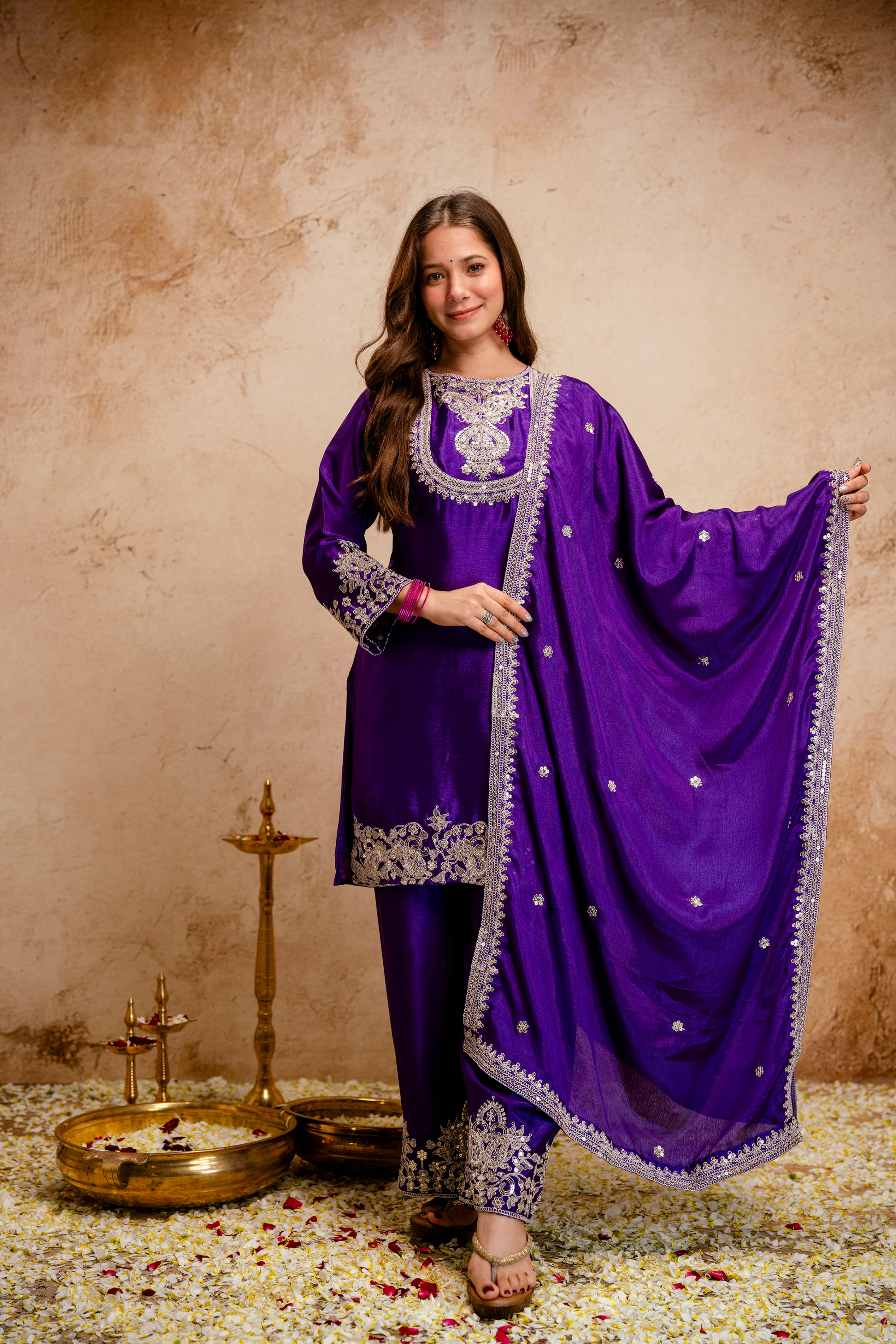 Women Chinon Kurti Pant Dupatta Set Designer Ethnic Wear