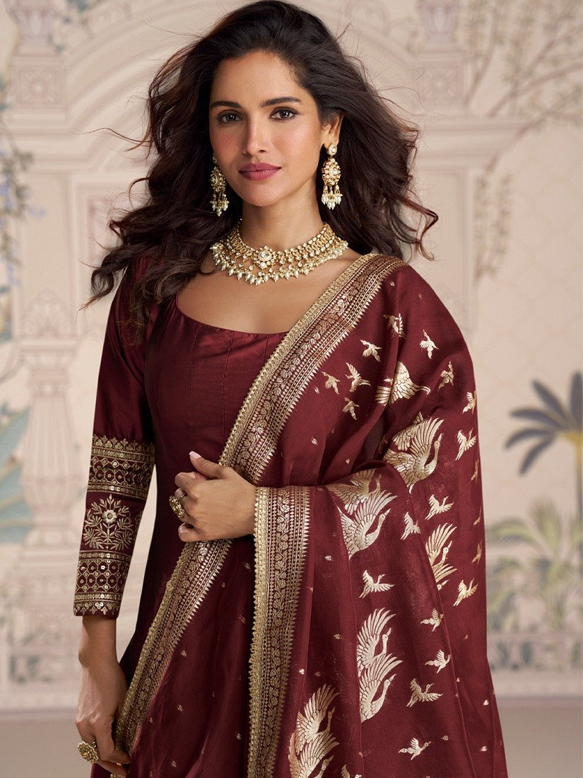 Thumbnail: Georgette Gown Set Handwork Neck Gotta Patti Dupatta Crepe Pant Festive Party