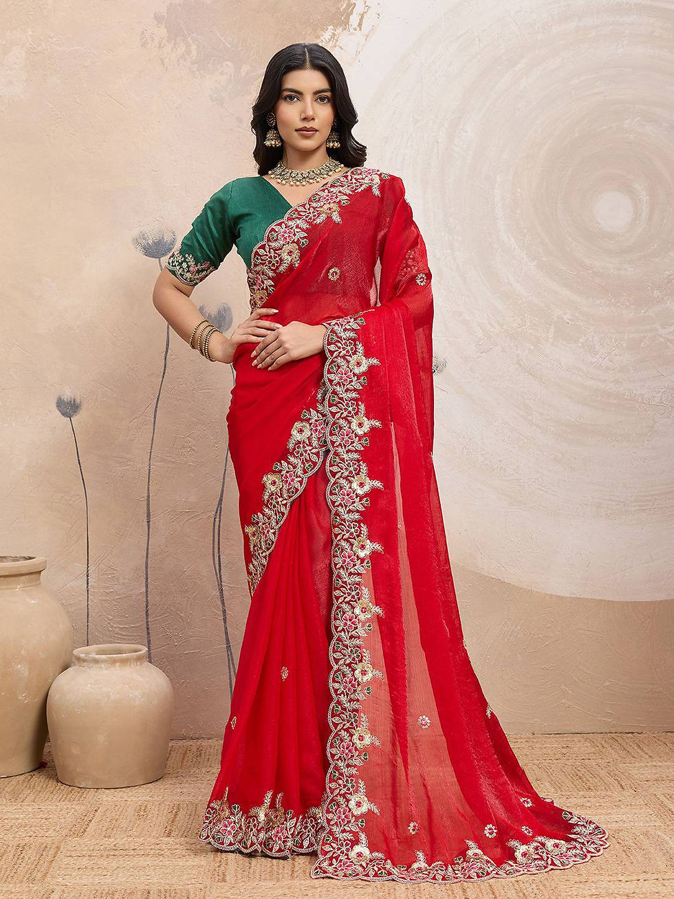 Thumbnail: Elegant Wedding Saree with Embroidery Cutwork Lace Border & Matching Blouse