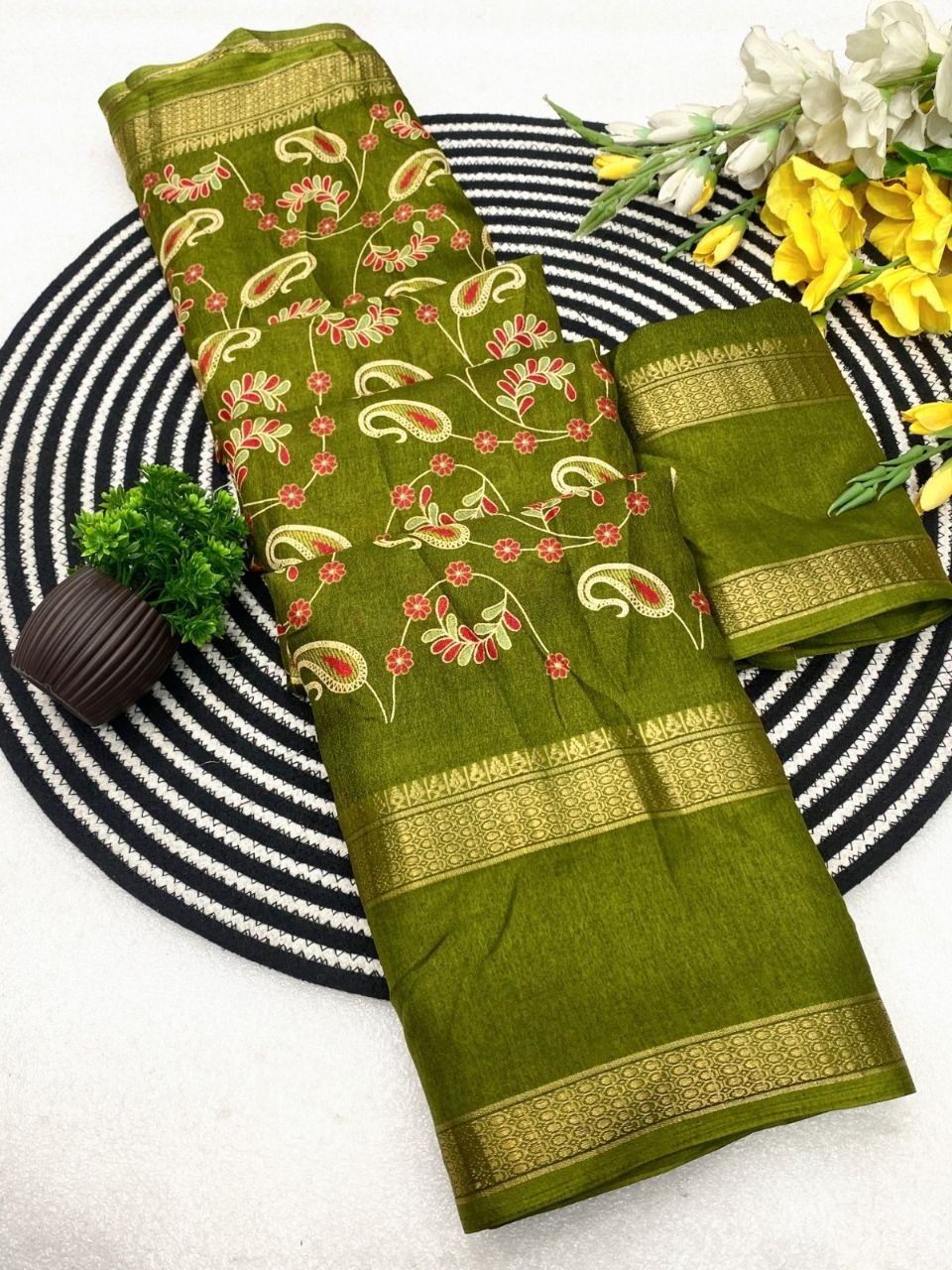 Thumbnail: Marshmallow Silk Kalamkari Saree with Ajarakh Print Hamsa Zari Border Designer E