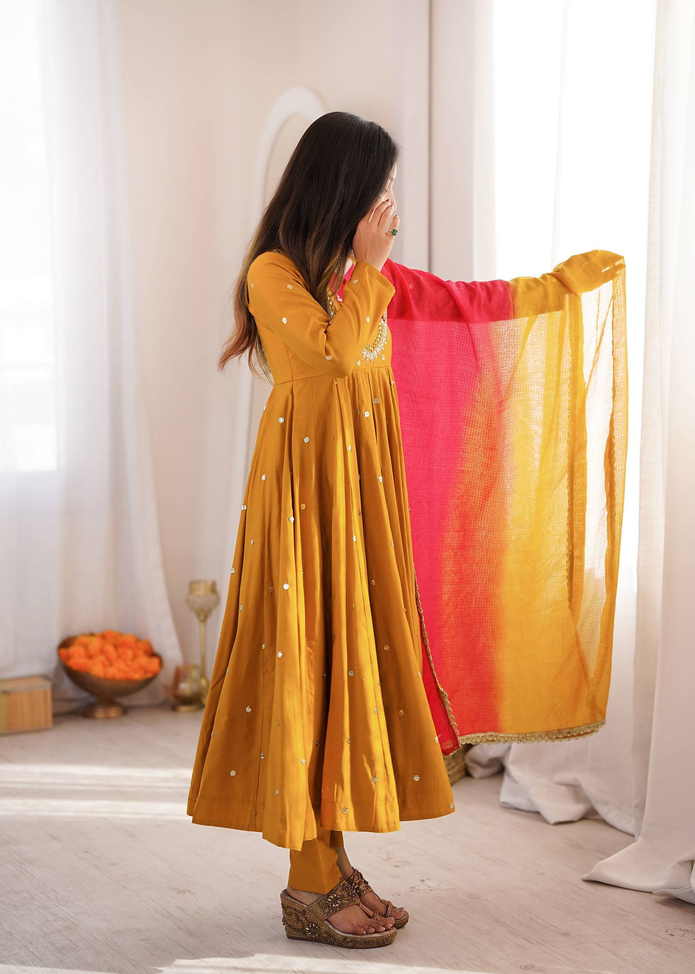 Thumbnail: Roman Silk Embroidered Gown Pant Dupatta Set for Women with Real Mirror Work Fes