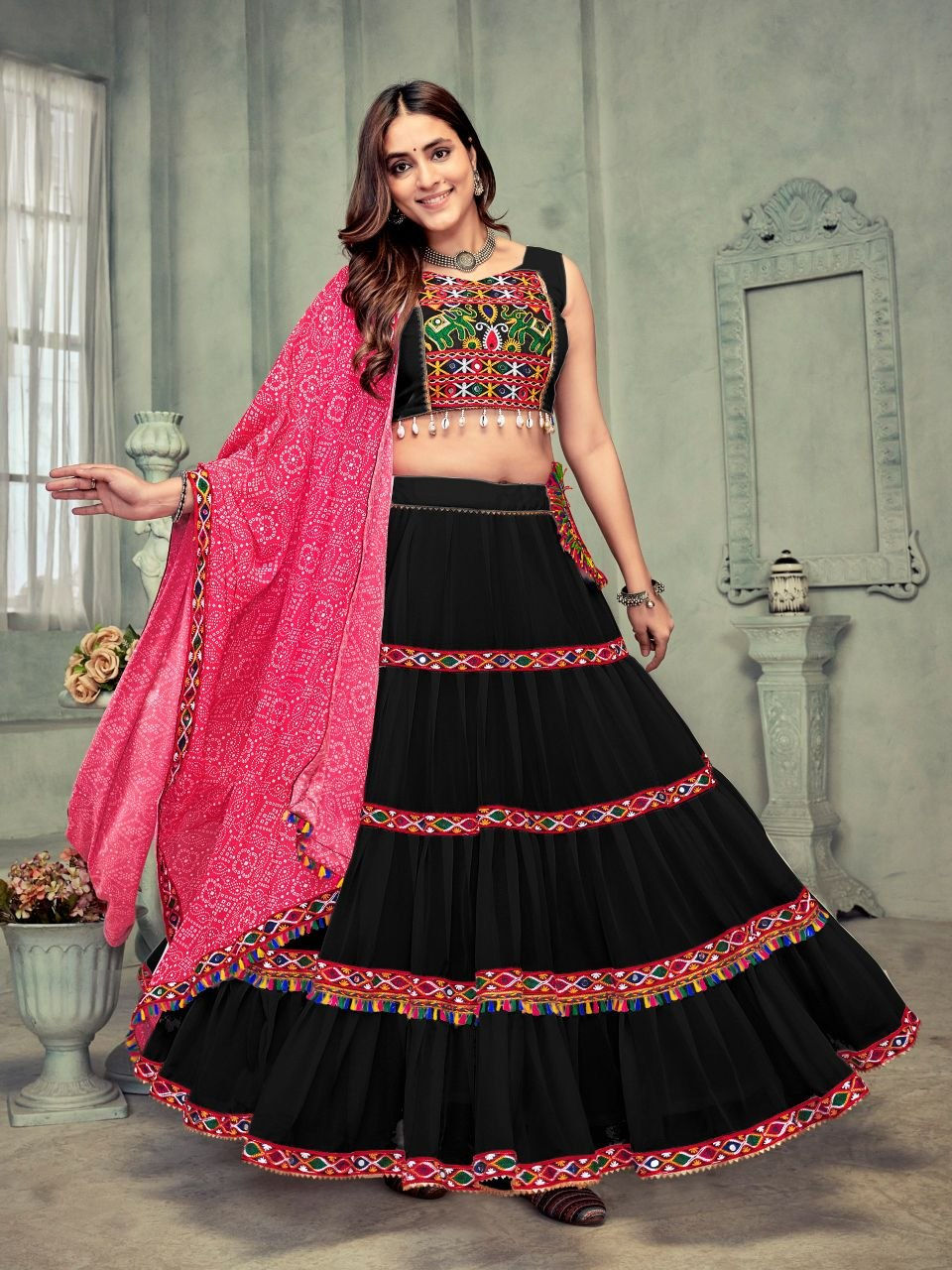 Thumbnail: Georgette Embroidered Mirror Work Lehenga Choli Set with Dupatta Wedding Wear fo