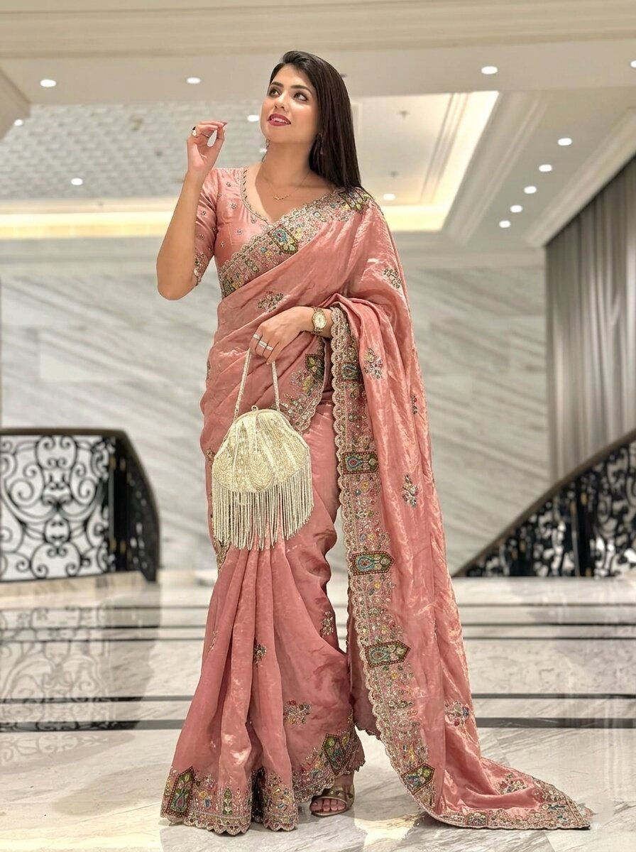 Thumbnail: Women Space Silk Saree with Heavy Embroidery and Zarkan Work Wedding Wear Saree