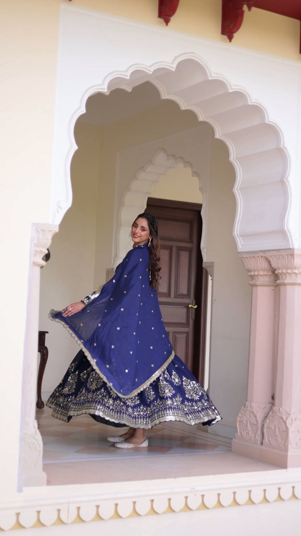 Thumbnail: Vichitra Silk Embroidered Gown with Sequins Work and Designer Dupatta
