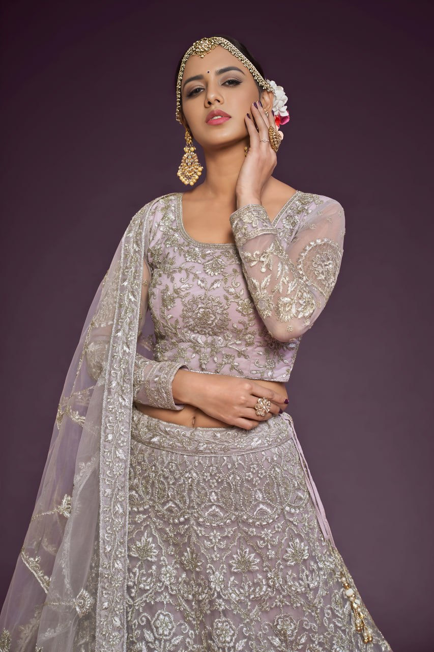 Thumbnail: Soft Net Embroidered Lehenga Choli Set for Women Zari Badla Dori Work Bridal Wed