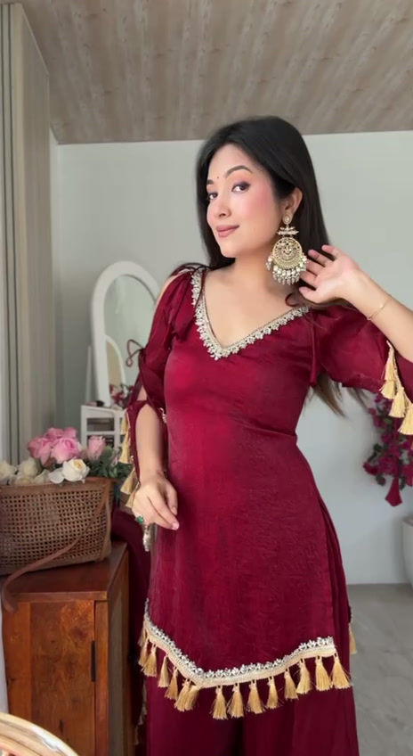 Thumbnail: Women's Doremon Crush Kurta Palazzo Suit Set with Lace Border Dupatta