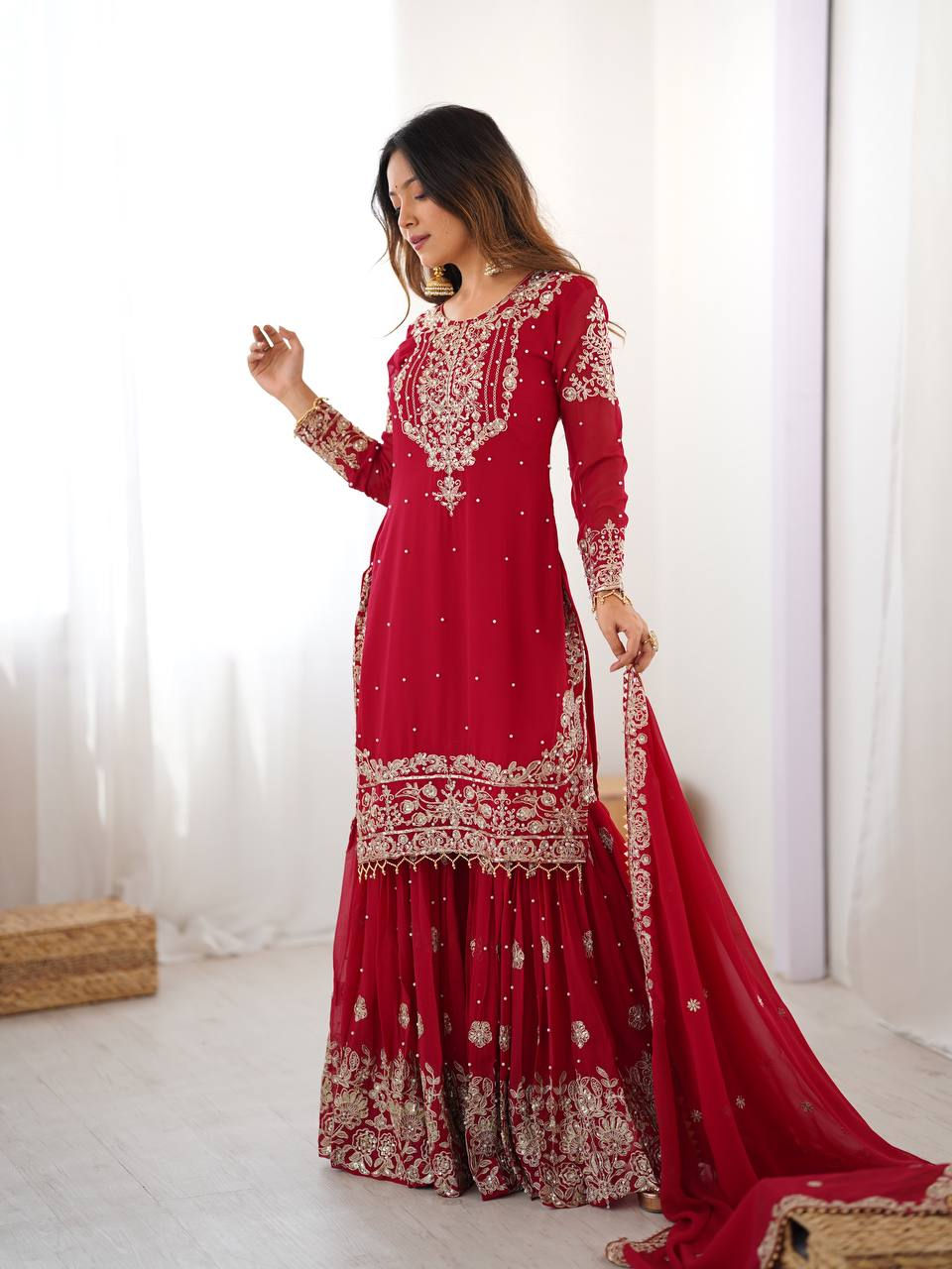 Thumbnail: Faux Georgette Sharara Suit Set with Pearl Embroidery Dupatta Festive Wear for W