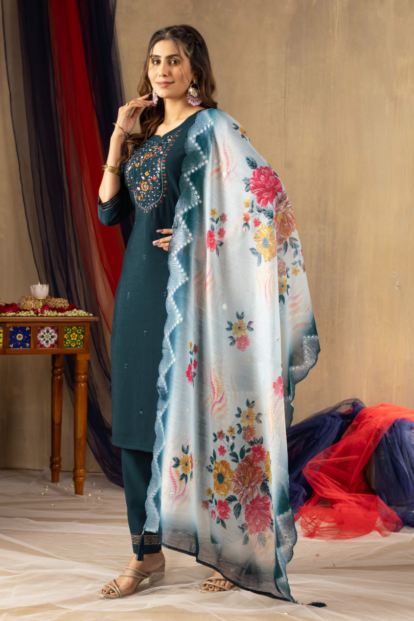 Thumbnail: Soft Viscose Kurti 3 Piece Suit – Handmade Embroidery Set with Dupatta & Pants
