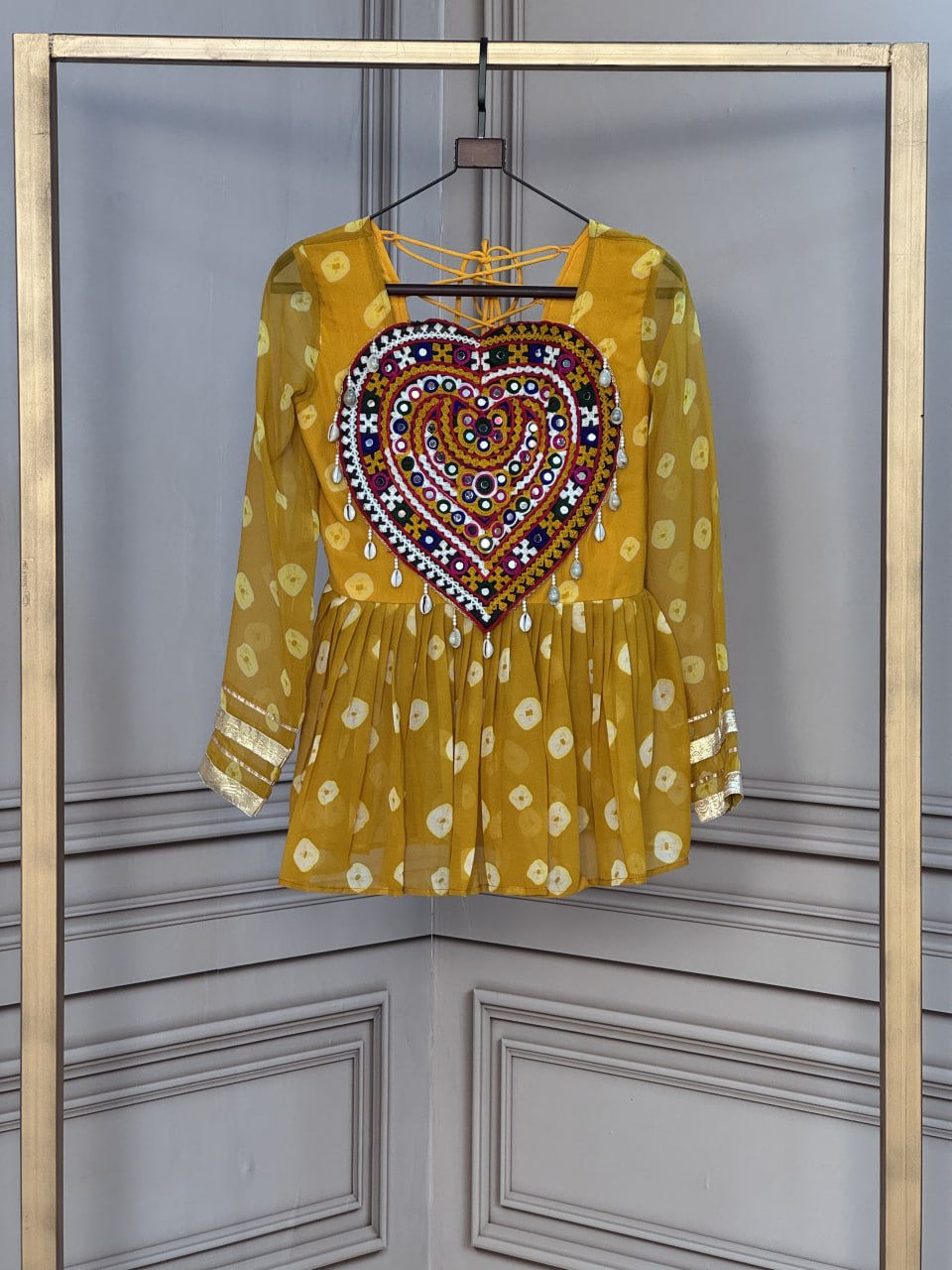Thumbnail: Women's Bandhani Print Faux Georgette Top with Kutchi Gamthi Patchwork