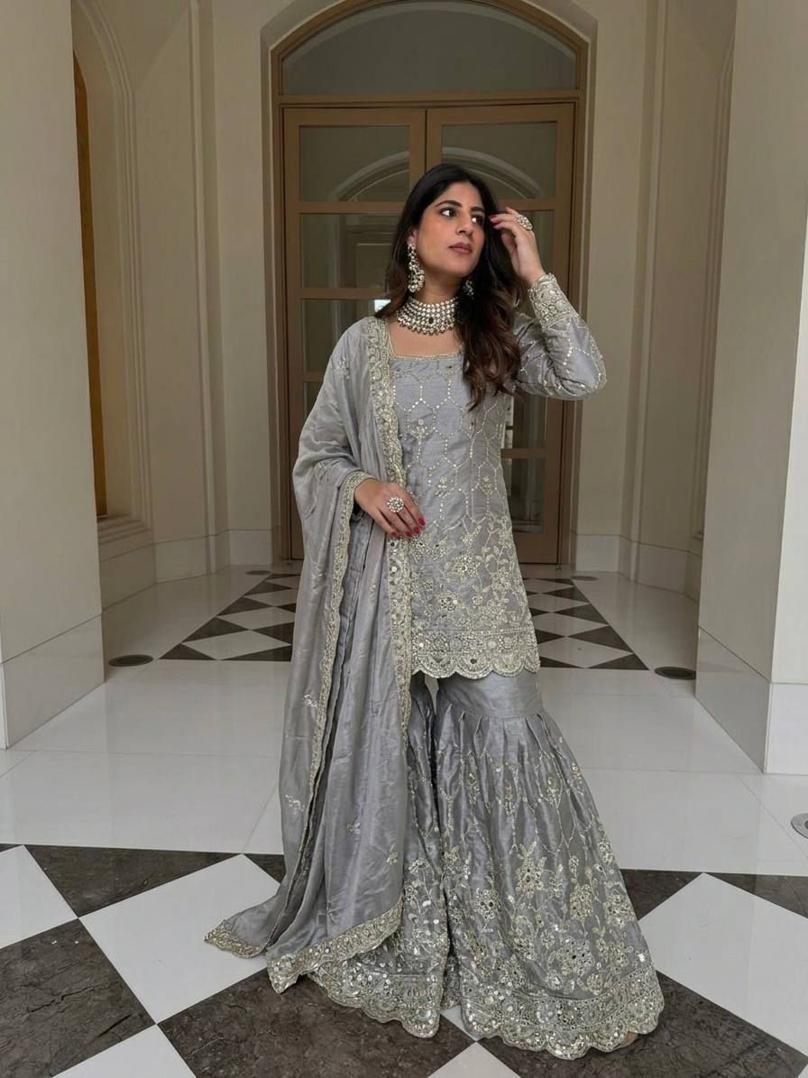 Thumbnail: GMY Silk Sharara Set Mirror Hand Work Women Festive Ethnic Outfit with Dupatta
