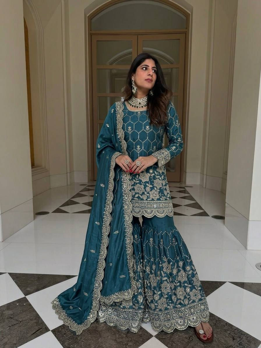 Thumbnail: GMY Silk Sharara Set Mirror Hand Work Women Festive Ethnic Outfit with Dupatta