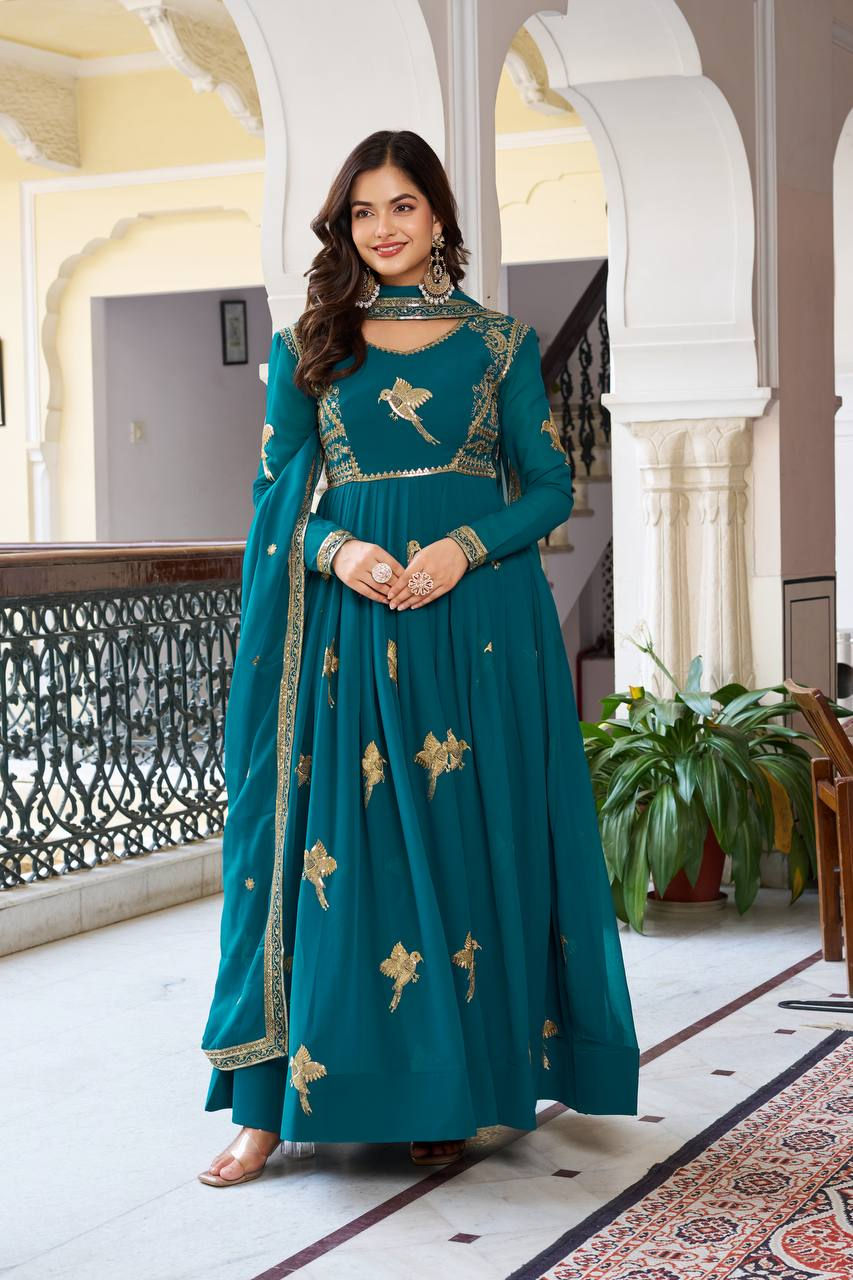 Thumbnail: Georgette Embroidered Suit Set Thread Sequence Work Dupatta Party Wear Women