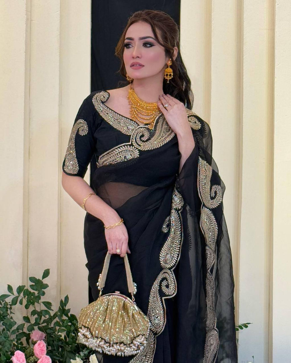 Thumbnail: Women Premium Rangoli Silk Saree with C Pallu Zari Thread and Sequins Embroidery