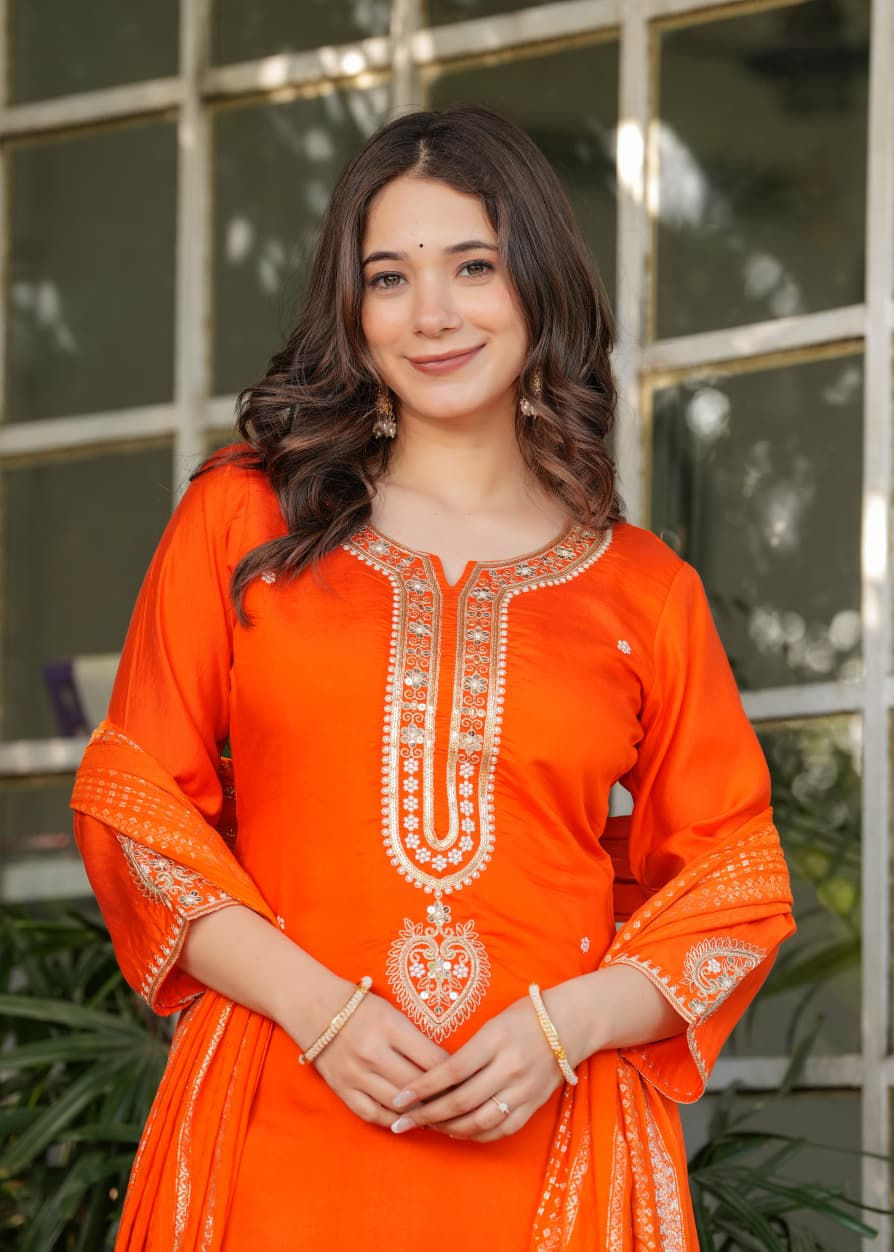 Thumbnail: Viscose Chanderi Kurti Pant Set Zari Dori Sequins Jacquard Dupatta Festive Wear