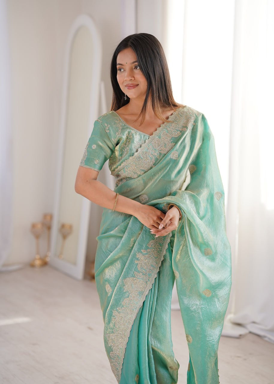 Thumbnail: Women's Premium Fendy Crush Designer Saree with Zari Embroidery & Hotfix Work