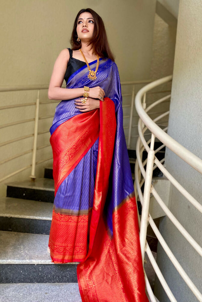 Thumbnail: Indian Women Banarasi Silk Kanjeevaram Pure Zari Saree With Unstitch Blouse