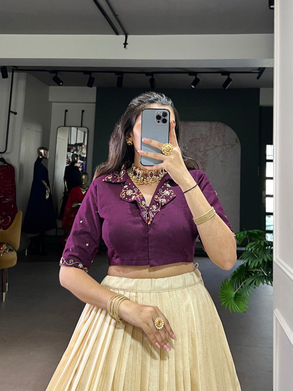 Thumbnail: Poly Cotton Printed Zari Weaving Lehenga with Pure Cotton Handwork Blouse