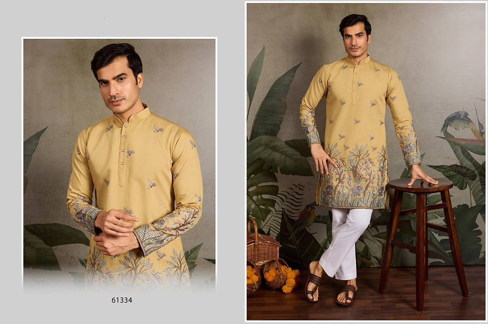 Thumbnail: Men Viscose Silk Wedding Kurta Pant Set Thread Sequence Embroidered Ready to Wea