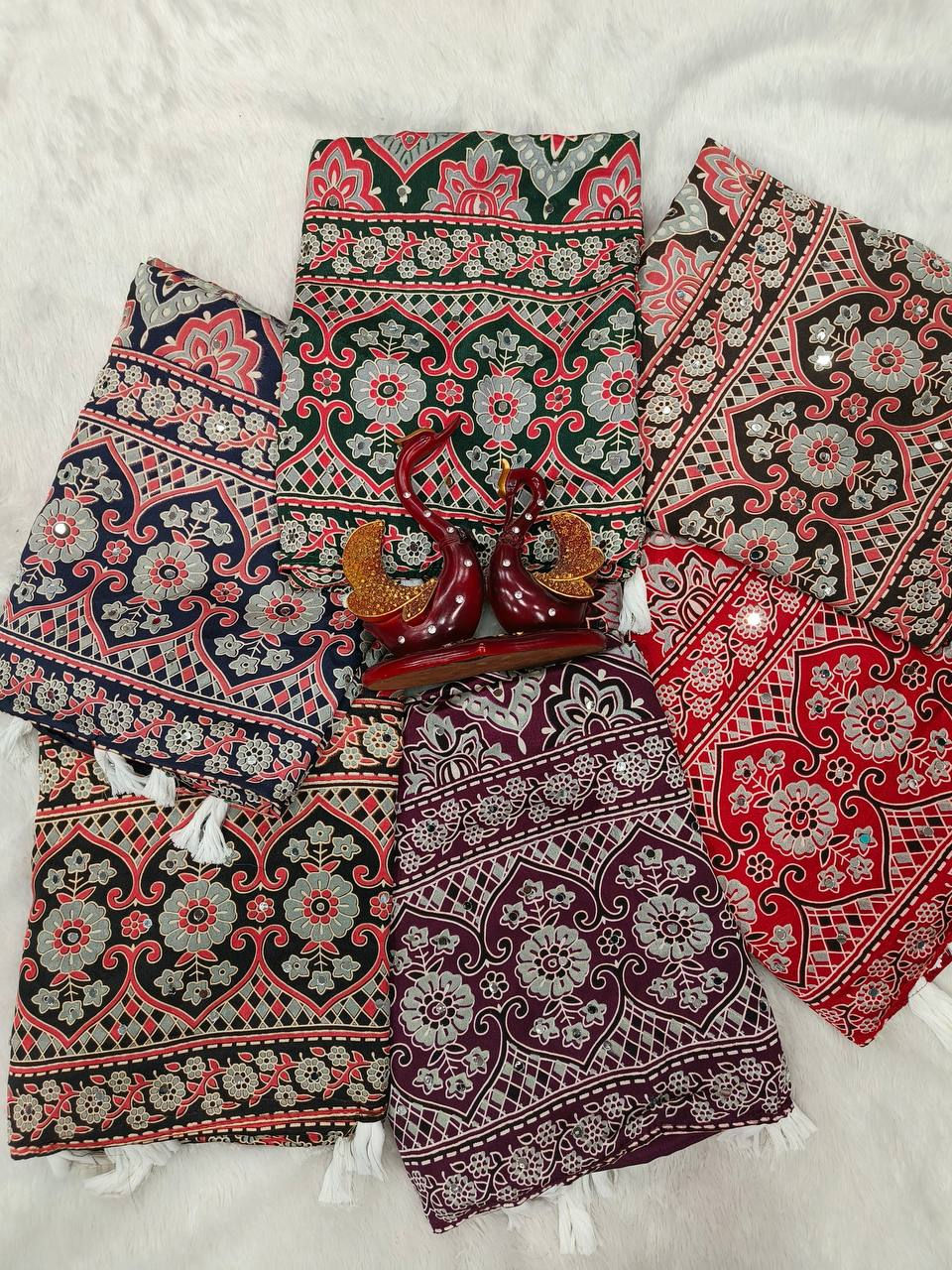 Thumbnail: Soft Crepe Silk Ajrakh Print Saree with Mirror Work Party Wear Saree