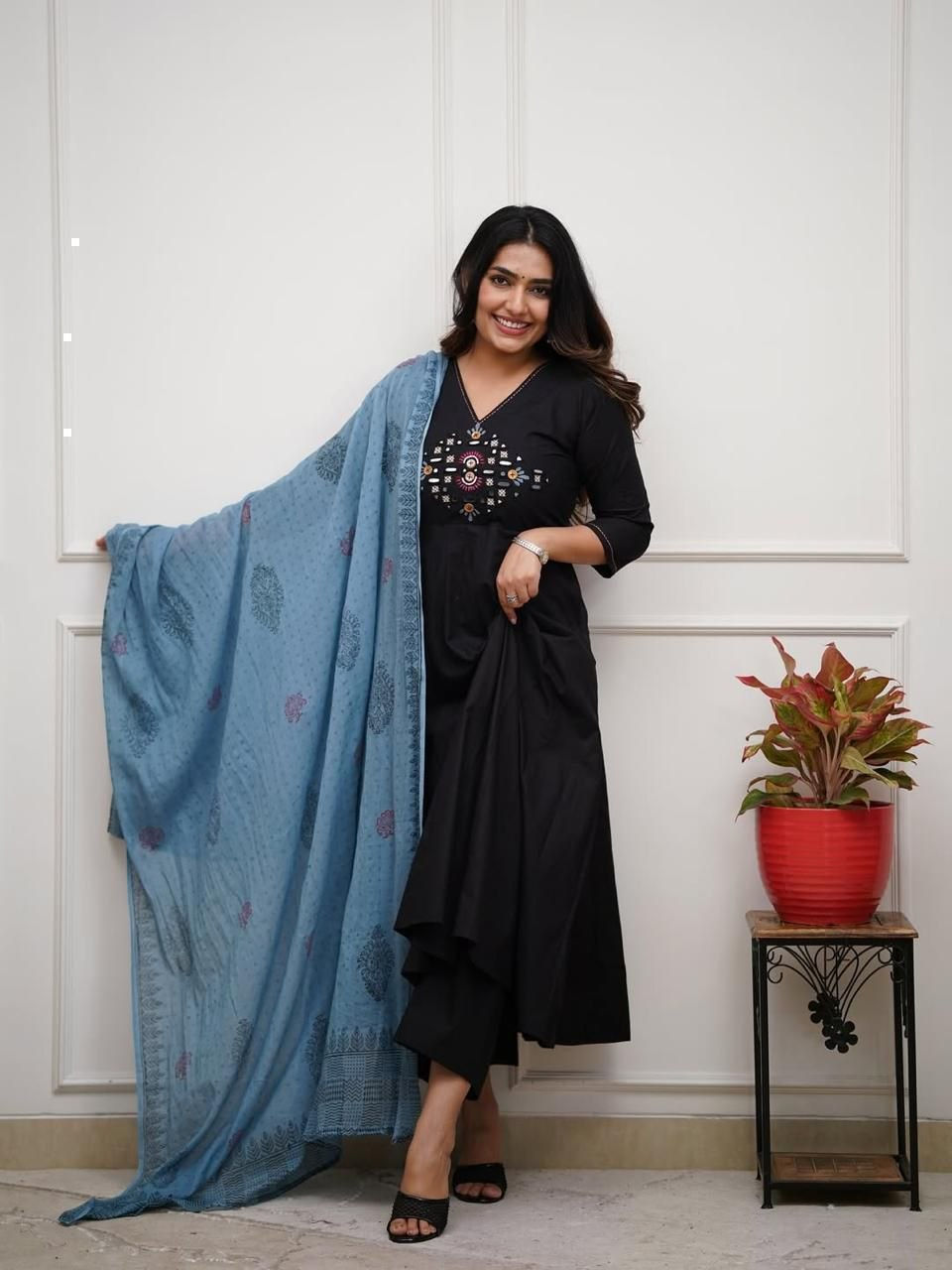 Thumbnail: Cotton Anarkali Suit Set with Mirror Work Kurti Pant Dupatta Navratri Festive We
