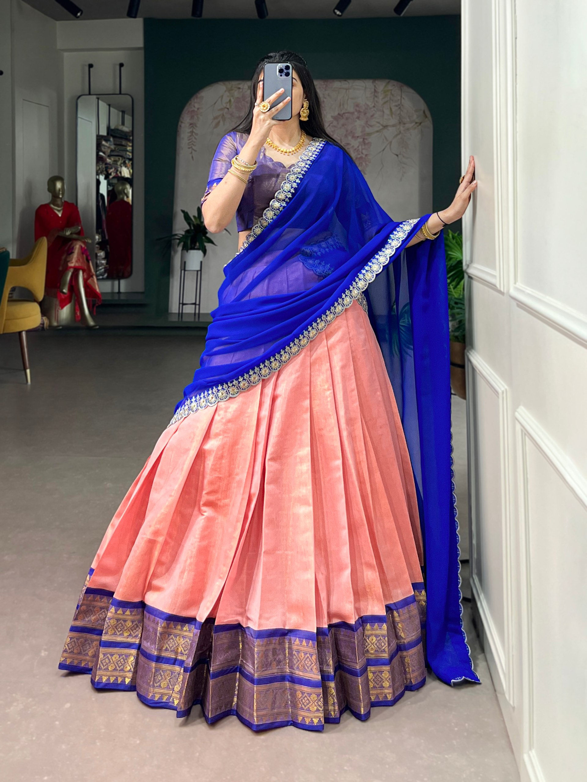 Kanchipuram Lehenga Zari Weaving Women Festive Bridal Outfit with Embroidered