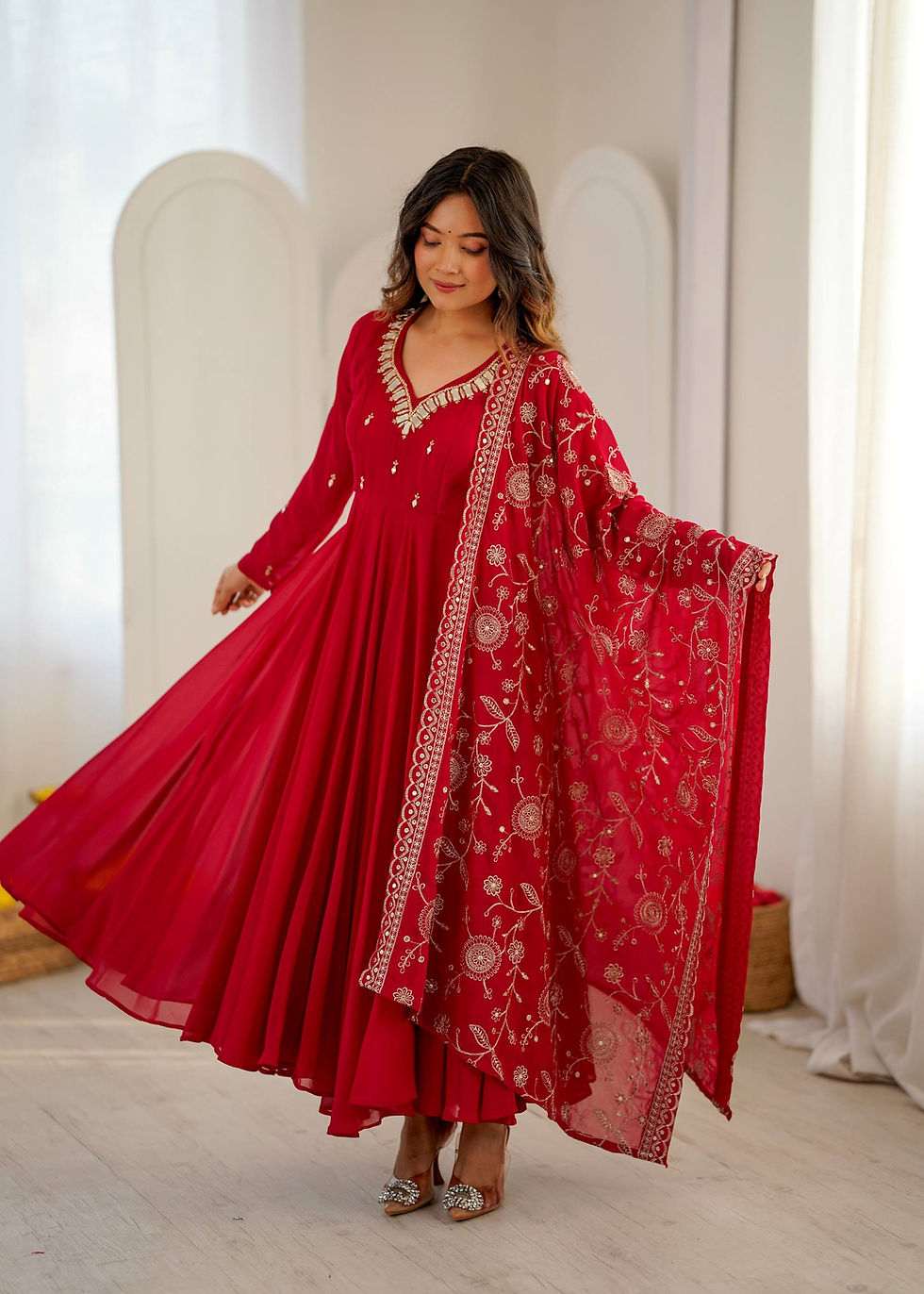 Thumbnail: Women's Heavy Faux Georgette Anarkali Gown with Pant & DupattaWomen's Heavy Faux
