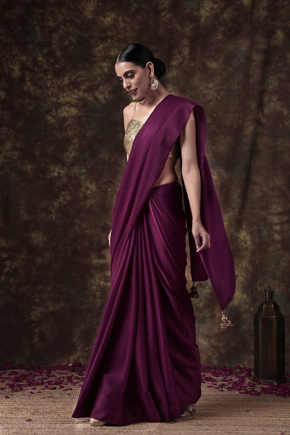 Purple Satin Silk Plain Saree With gold Sequence embroidery Unstitch Blouse Fo