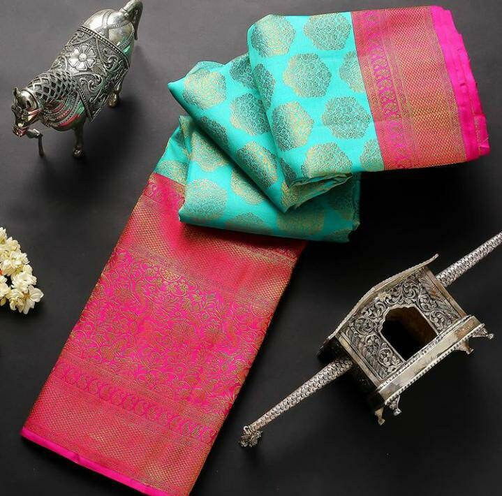 Traditional Kanchipuram Soft Silk Weaving Work Sky Blue color Saree For Women We