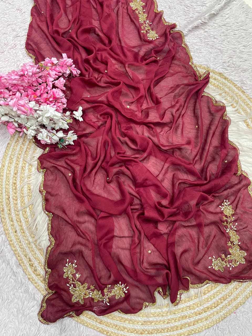Thumbnail: Rangoli Crushed Saree with Hand Cutdana Khatli Work Border | Designer Party Wear