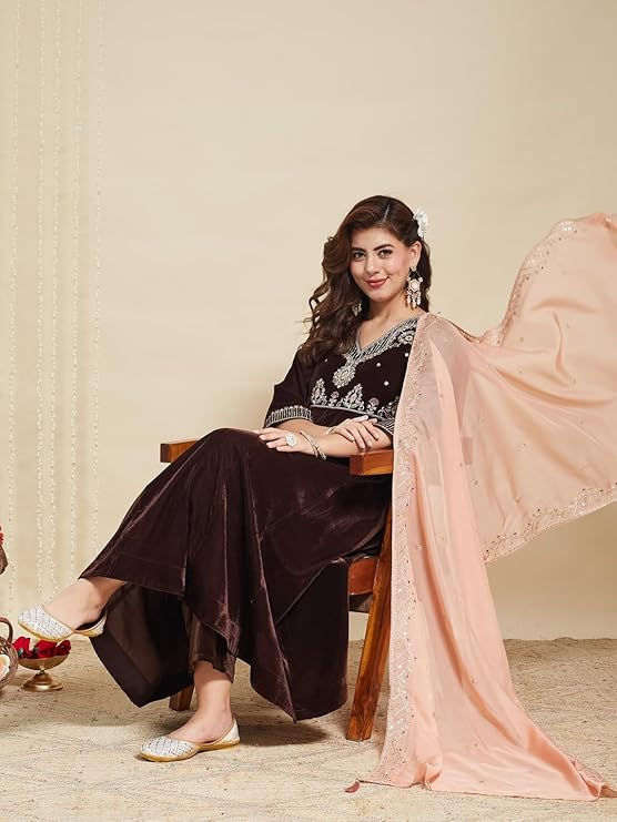 Thumbnail: Women Velvet Embroidered Kurti Pant Set with Organza Dupatta in Brown and Peach