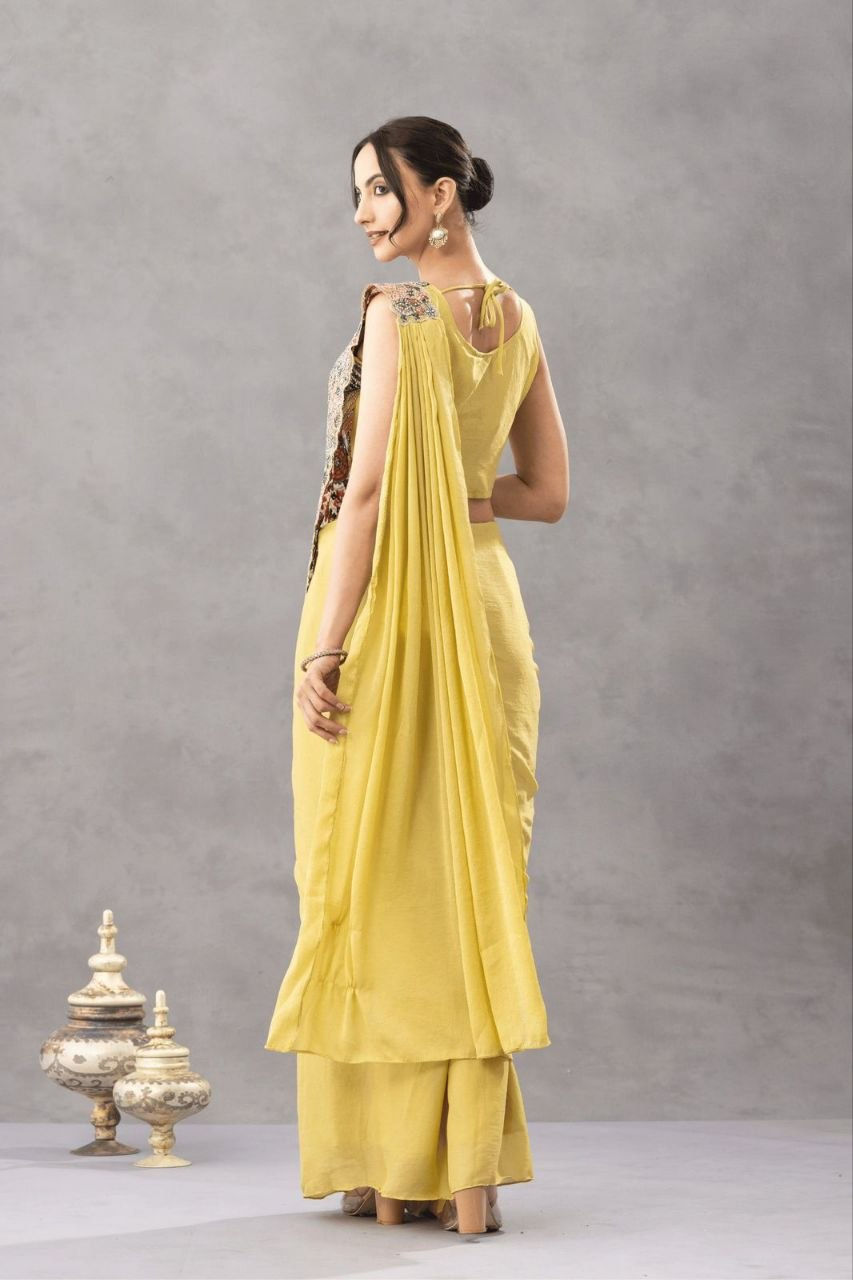 Thumbnail: Chinon Saree Embroidery Diamond Work Ready to Wear Designer Party Wear with