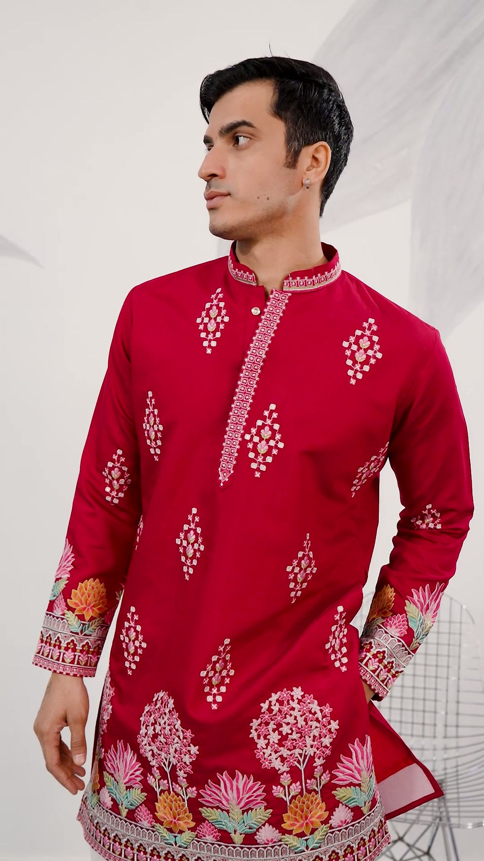 Thumbnail: Men Viscose Silk Thread Sequence Embroidered Ready to Wear Kurta