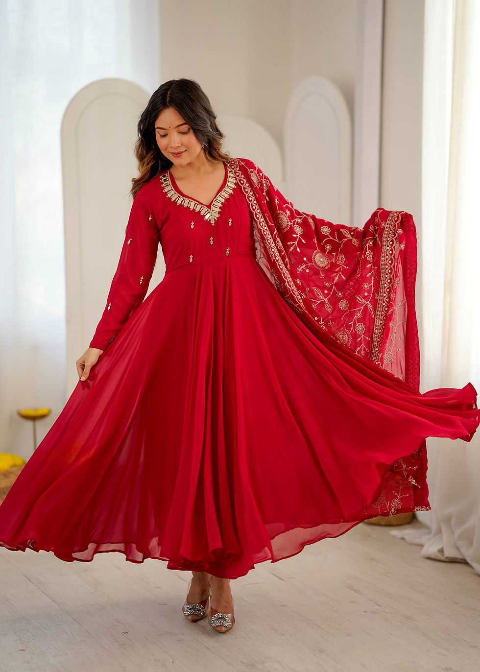 Thumbnail: Women's Heavy Faux Georgette Anarkali Gown with Pant & DupattaWomen's Heavy Faux