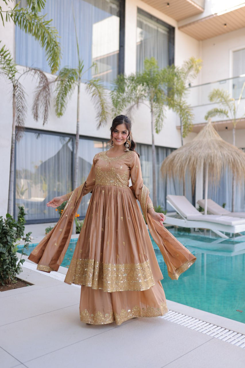 Thumbnail: PREMIUM DESIGNER SUPER SILK KURTI SHARARA SET WITH DUPATTA – RICH SEQUINS EMBROI