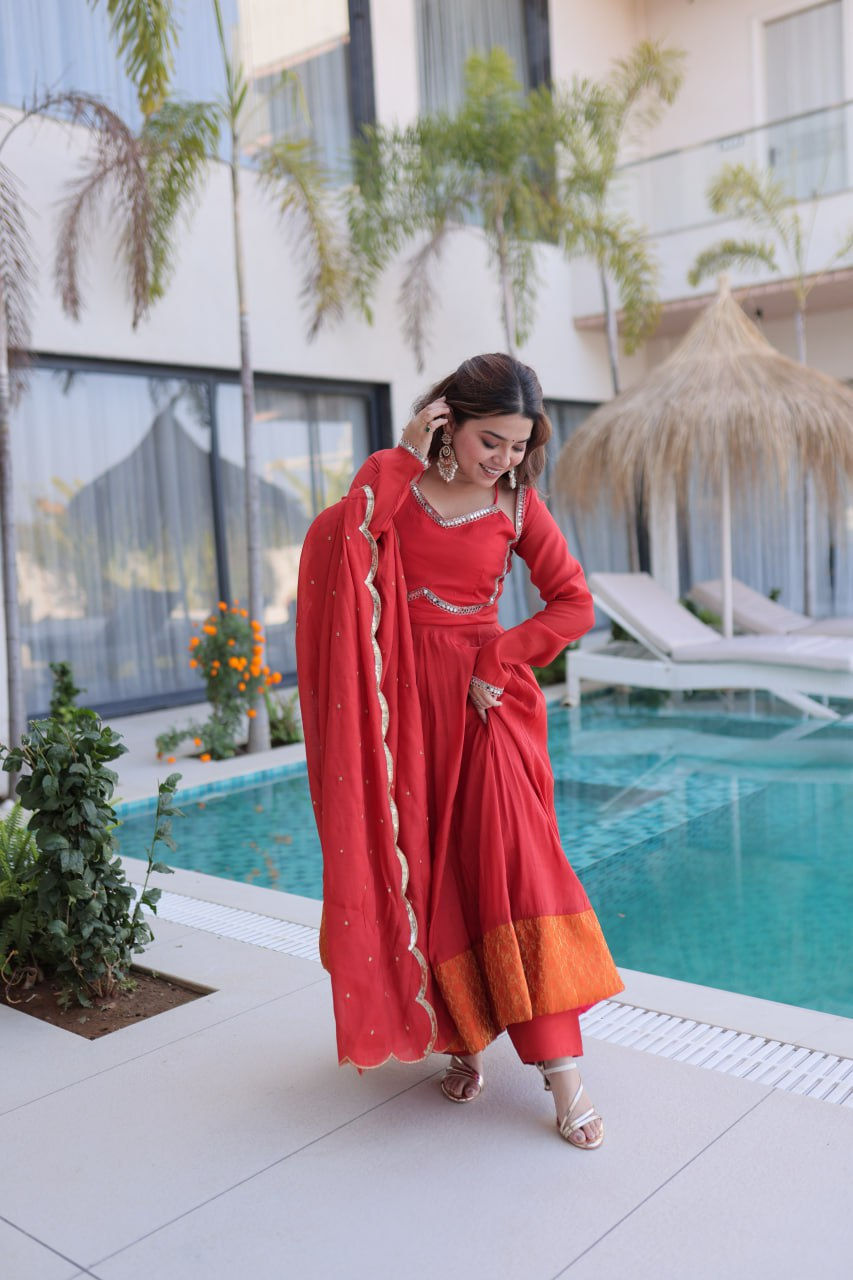 Thumbnail: PREMIUM DESIGNER MUL CHANDERI KURTI PANT SET WITH DUPATTA – MIRROR LACE