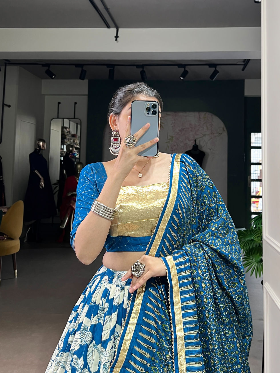Thumbnail: Tasar Silk Foil Print Lehenga Choli Set with Dupatta | Embossed Lace Designer Fe