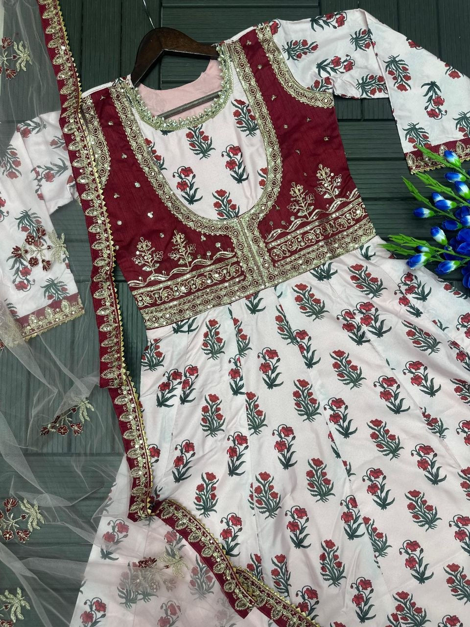 Thumbnail: Crepe Digital Print Embroidered Gown with Butterfly Net Dupatta | Designer Sequi