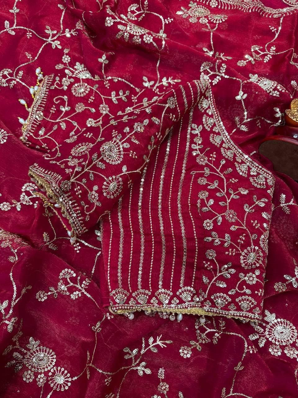 Thumbnail: Women Soft Chiffon Saree with Sequins Embroidery and Stitched Blouse