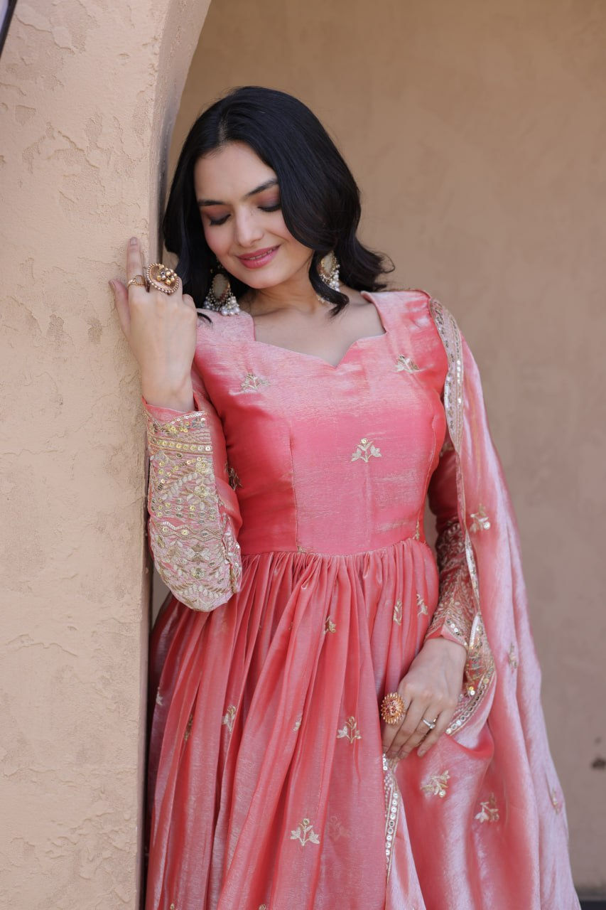 Thumbnail: Fendi Silk Embroidered Gown Dupatta Set for Women with Zari Sequins Work Festive