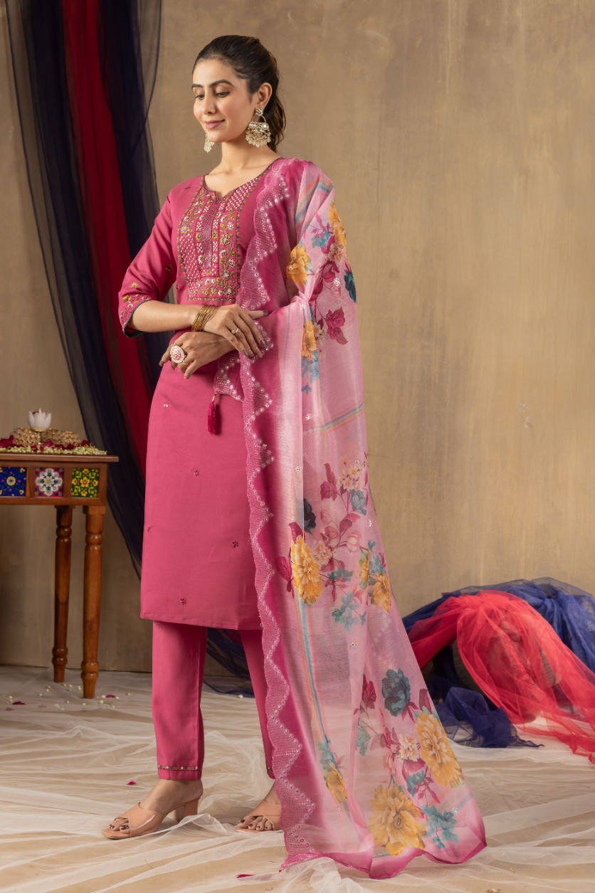 Thumbnail: 3PC Viscose Suit Set for Women – Hand Embroidered Kurti with Pants & Dupatta